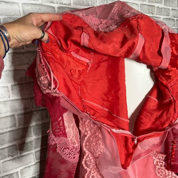 Vintage 70s Alfred Angelo Victorian illusion lace ruffle pink red wedding dress - Picture 9 of 16